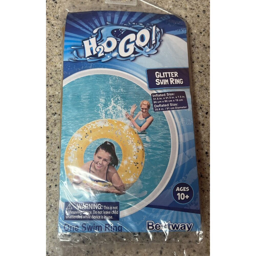 Bestway H2O Go! Yellow Gold Glitter Swim Ring Pool Float Floaty 31.5” New